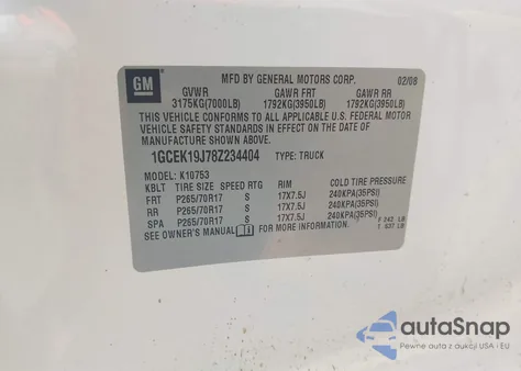 2008 Chevrolet Silverado 1500 Lt1 z USA, uszkodzony, nr VIN 1GCEK19J78Z234404